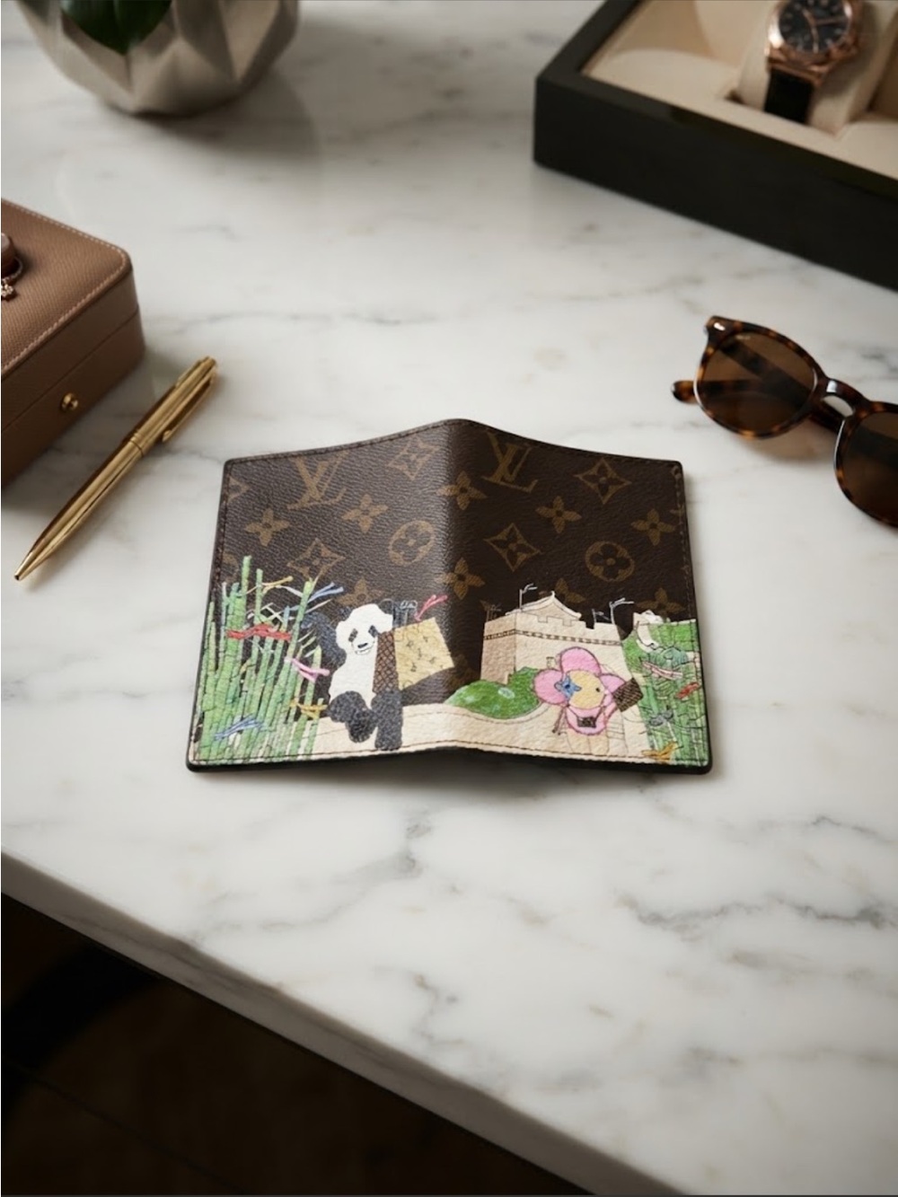 Canvas Passport /Card Holder in Brown with Viv and Panda